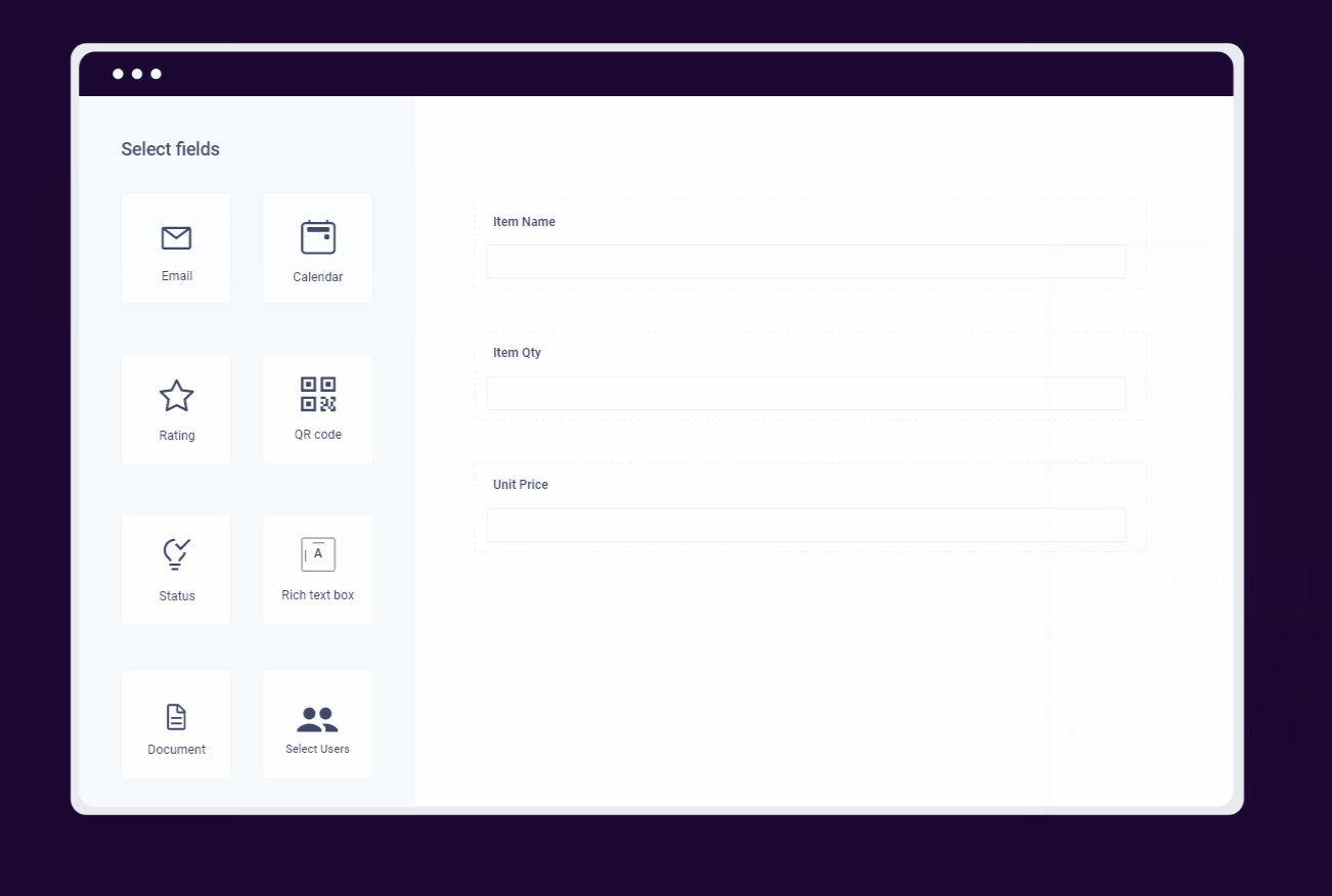 The platform in use: a form being built, a workflow running and a dashboard updating